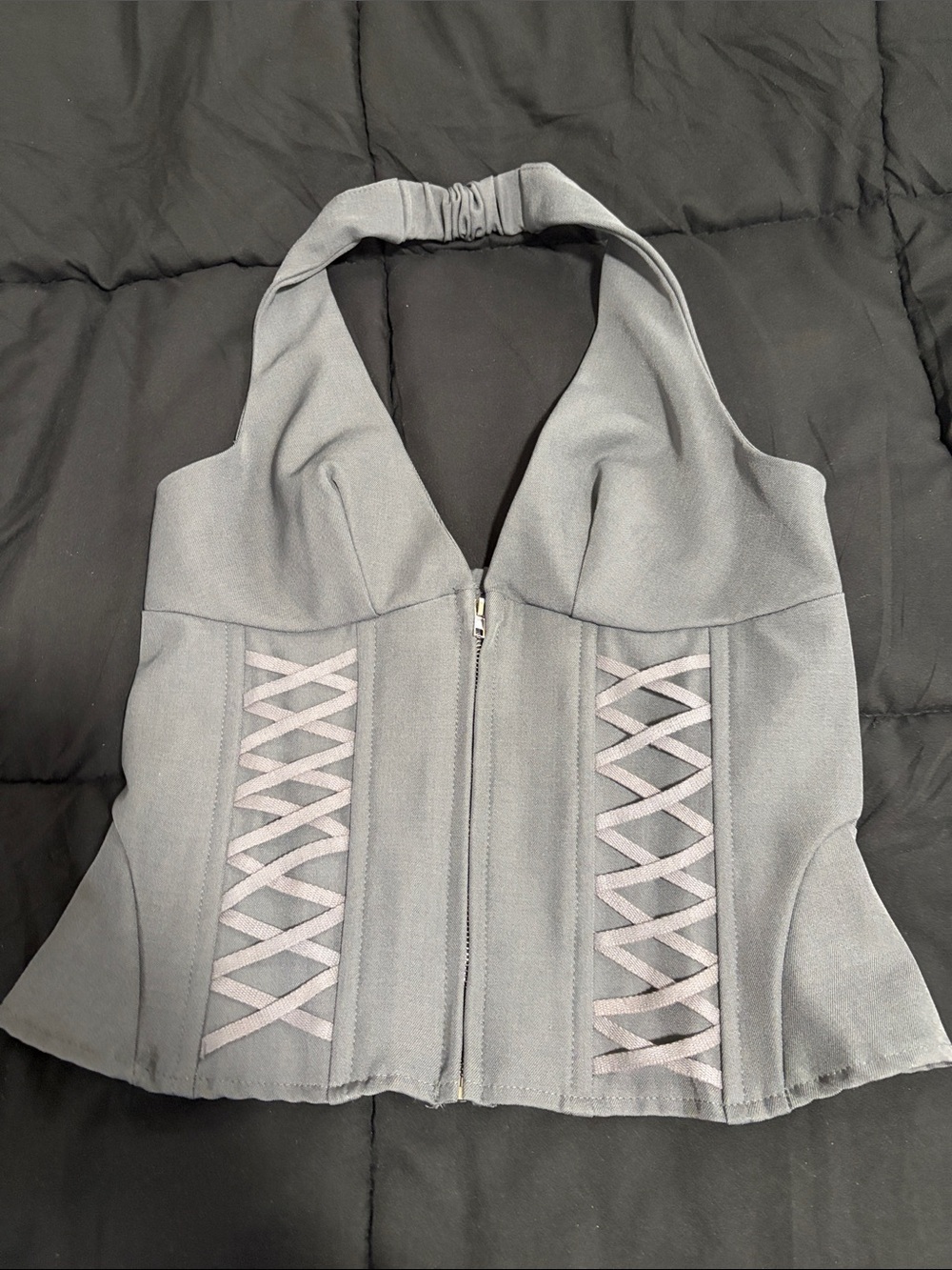 Gray Halter Corset Zip-Front top